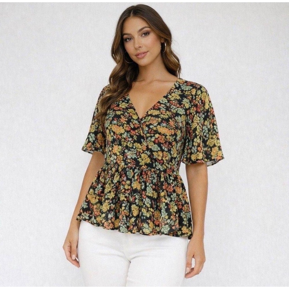 Madewell Flower Garden Faux Wrap Peplum Top Black Floral Dolman Sleeve XL - Picture 2 of 8